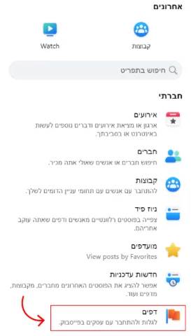 צילום מתוך סרגל הניווט של פייסבוק בו יש חץ שמצביע על האפשרות "דפים".