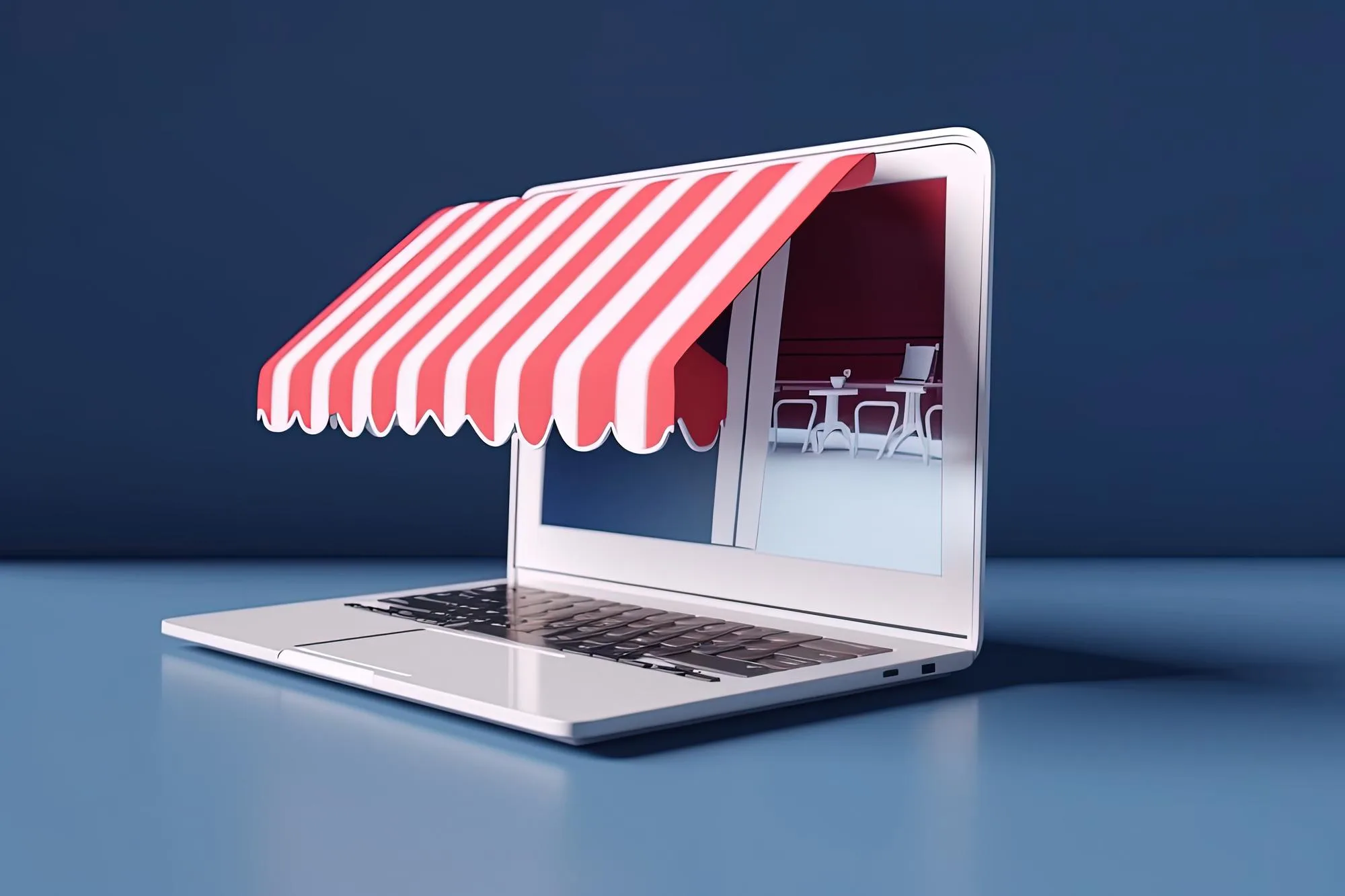 תמונת אווירה ריאליסטית למאמר בנושא בניית אתר חנות בה רואים מעין דגם תצוגה של חנות שנמצאת בתוך לפטופ עם סככה מולבשת על גבי החלק העליון של המסך שפתוח ב90 מעלות